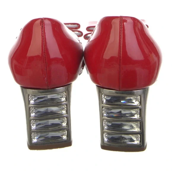 Miu Miu Prada Red Patent Leather Pip Toe Swarovski Crystals Block Heels Pumps - Picture 3 of 7